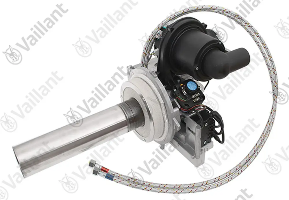 Vaillant Brenner mit Metallgehäuse, einem zylindrischen Abgasrohr, elektrischen Anschlüssen und flexibler Umwicklung.